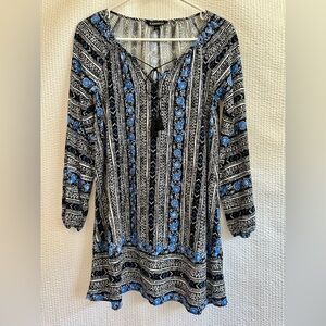 Express Boho Paisley Tassel Tie Shift Dress Black Blue White XS Rayon Tunic
